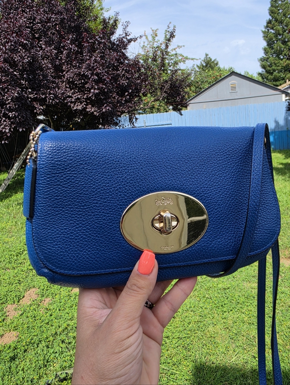 Coach Electric Blue Pebbled Leather Turnlock Crossbody Bag